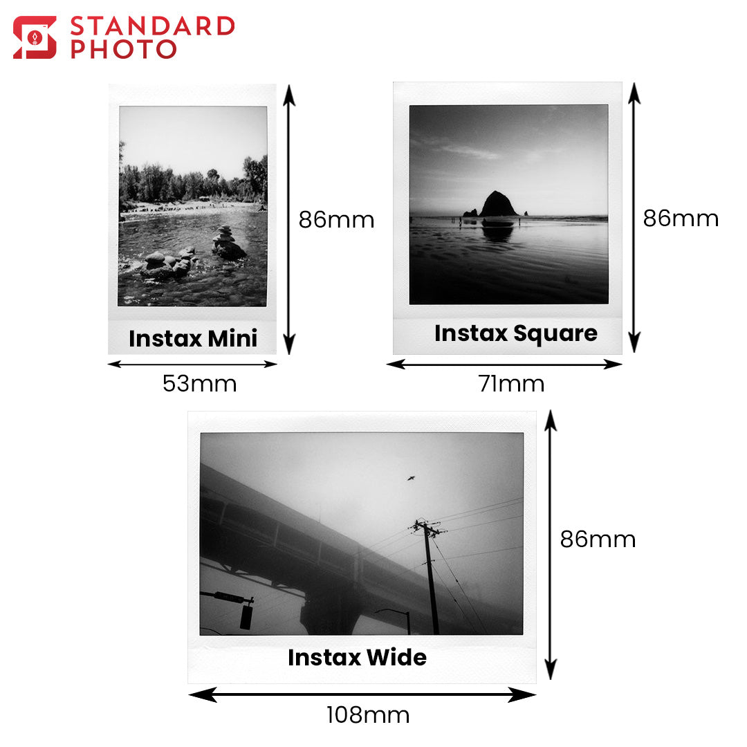 StandardPhoto Fujifilm Instax Wide Monochrome Size Comparison Instax Mini Square Wide Polaroid