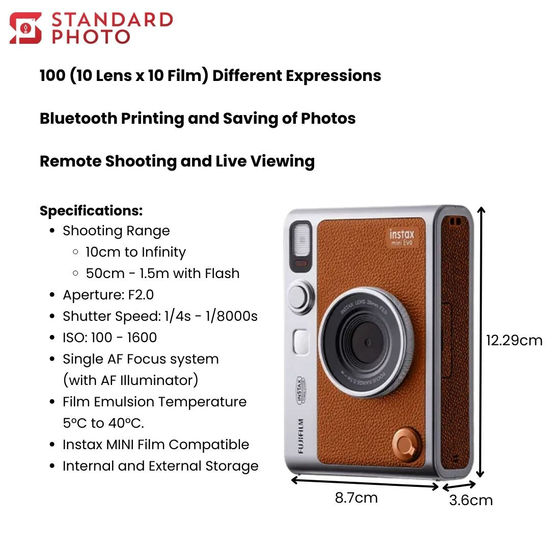 StandardPhoto Fujifilm instax Mini Evo Instant Camera Dimensions and Specifications Measurements 