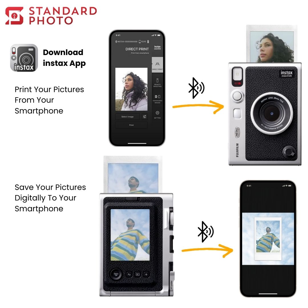 StandardPhoto Fujifilm instax Mini Evo Instant Camera Printing and Saving Instructions App Bluetooth 