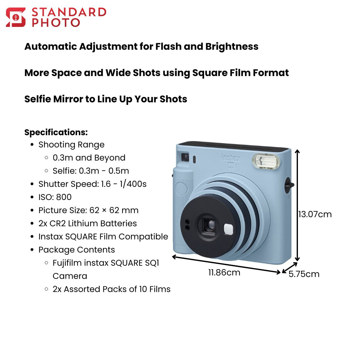 StandardPhoto Fujifilm instax SQUARE SQ1 Combo Package Dimensions and Specifications Measurements