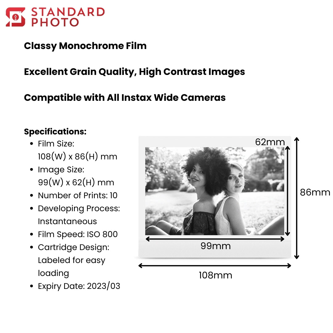 StandardPhoto Fujifilm instax Wide Monochrome Film 10 sheets Specifications dimensions key details picture image size film size