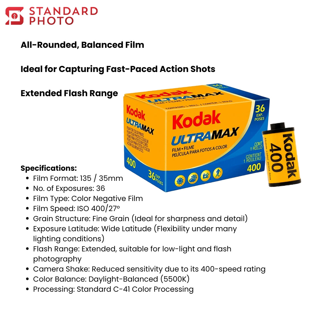 StandardPhoto Kodak Ultramax 400 SC 135-36 Film Roll Specifications Well Balanced Fast Paced Action Shots 35mm