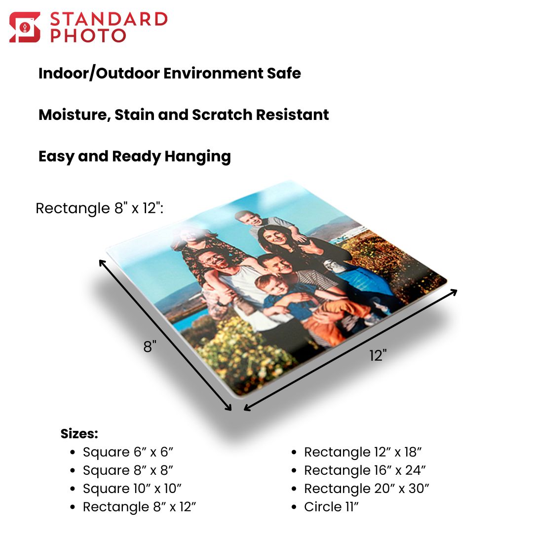 StandardPhoto Premium Metal Prints Dimensions and Specifications Sizes Circle Rectangle Square Hanging Moisture Stain Scratch Resistant Indoor Outdoor Environment Measurements