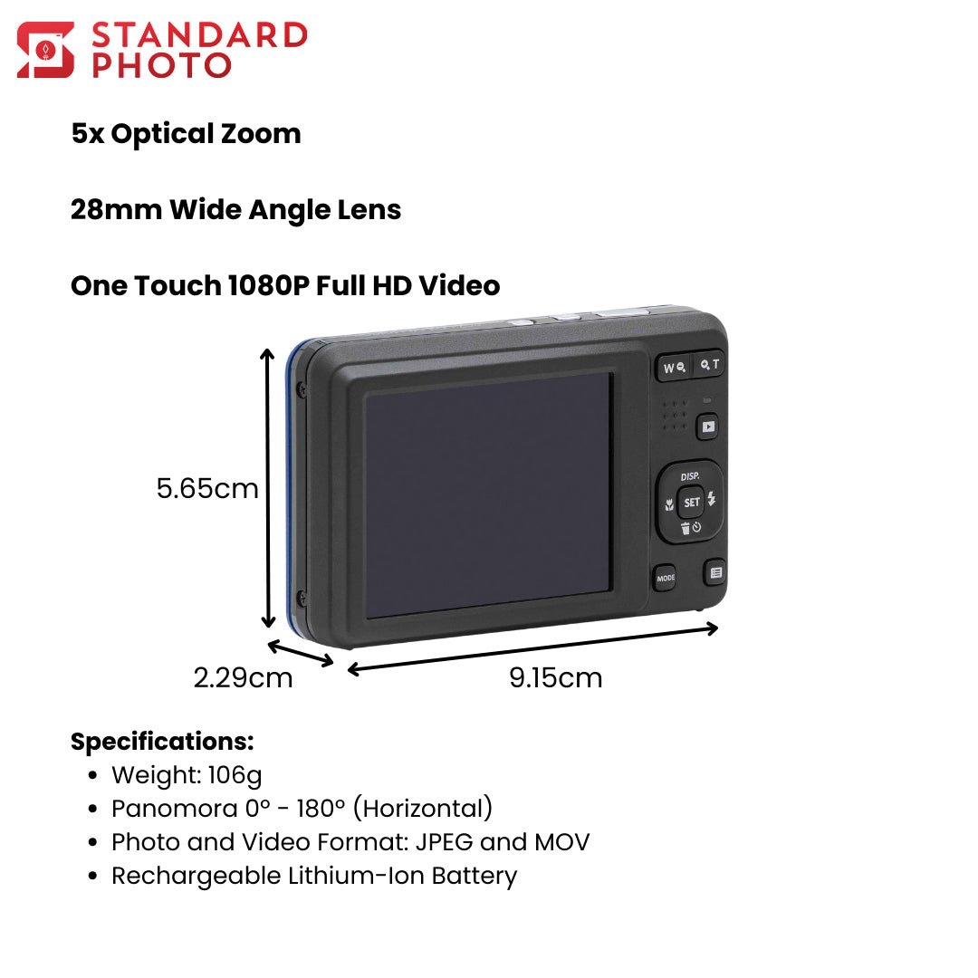 StandardPhoto Kodak FZ55 Digital Camera Dimensions and Specifications Optical Zoom Wide Angle Lens 1080p full HD video weight panomora jpeg mov format rechargeable battery