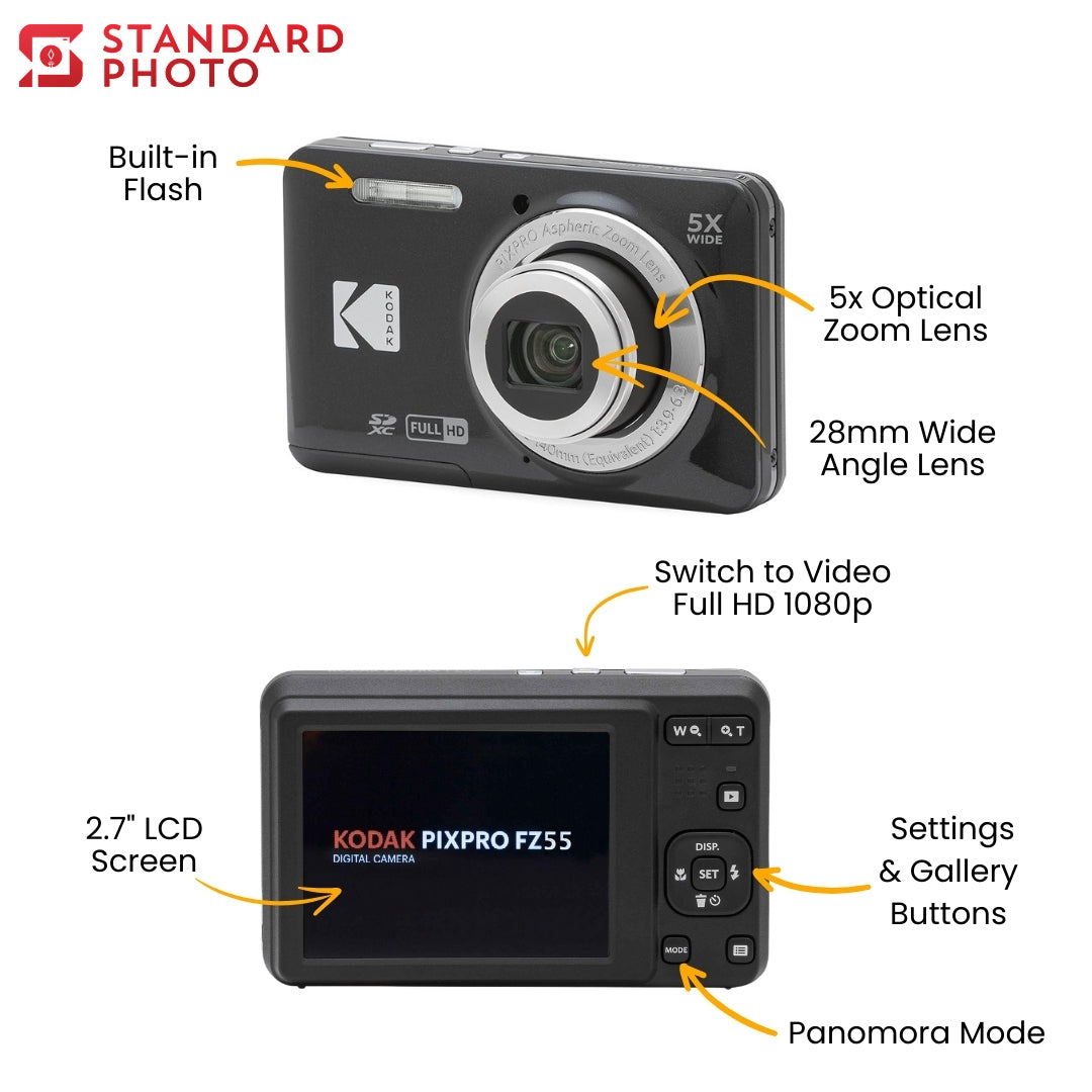 StandardPhoto Kodak FZ55 Digital Camera Views and Instructions Built in Flash Optical Zoom Lens Wide Angle Video Full HD 1080p LCD Screen 2.7 Gallery Buttons