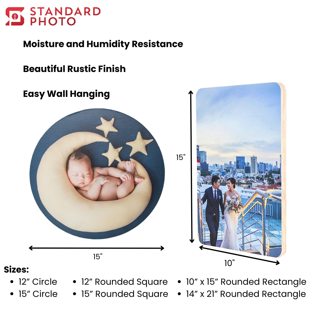 StandardPhoto Premium Wood Print Dimensions Specifications Measurements Sizes Circle Rounded Corner Rectangle Square Easy Hanging Rustic Weather Environment Resistant