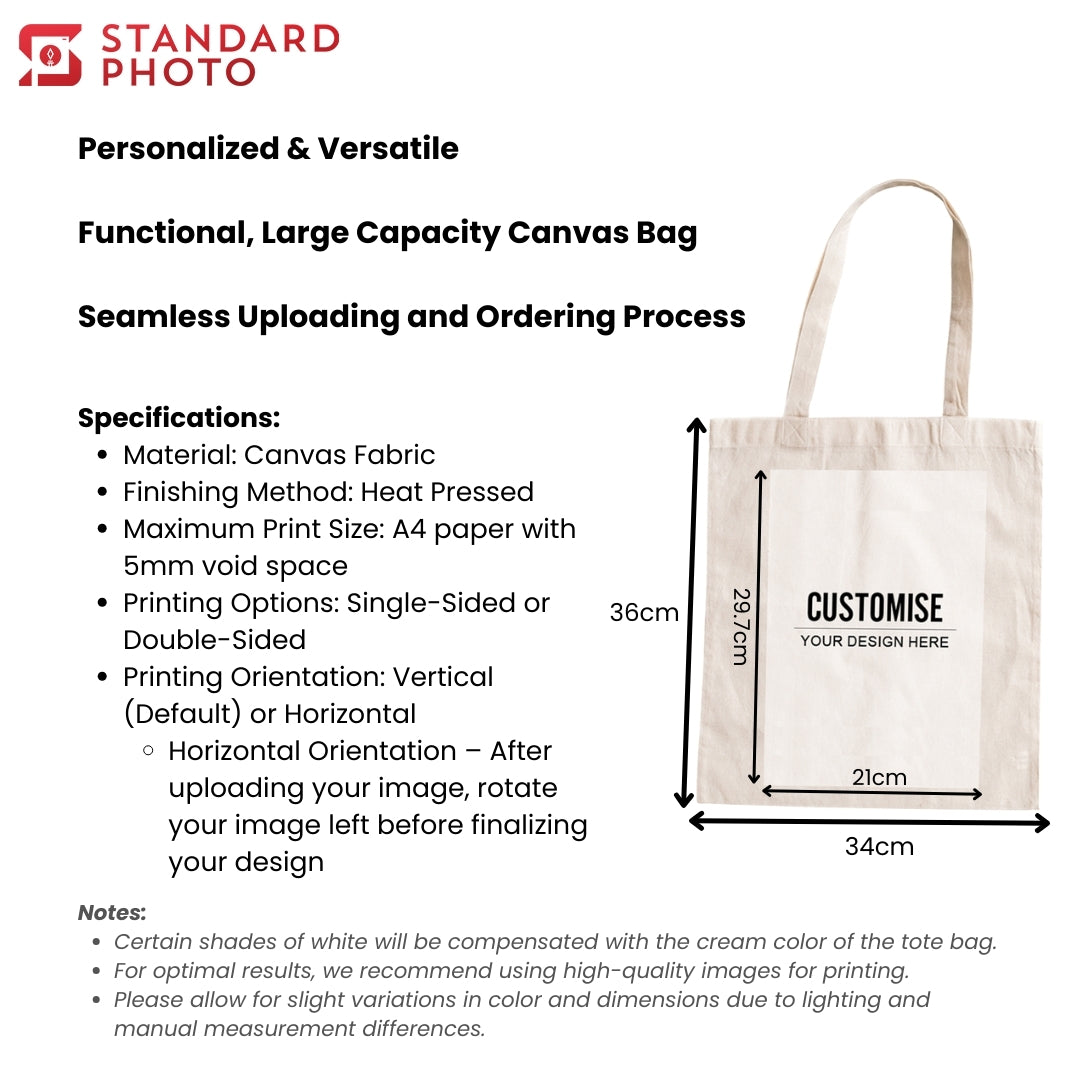 StandardPhoto Customizable Tote Bag Specifications Measurements Size Custom Customisable Personalized Personalised Large Capacity A4 Design Canvas Gift Horizontal Vertical Single Sided Double Sided 
