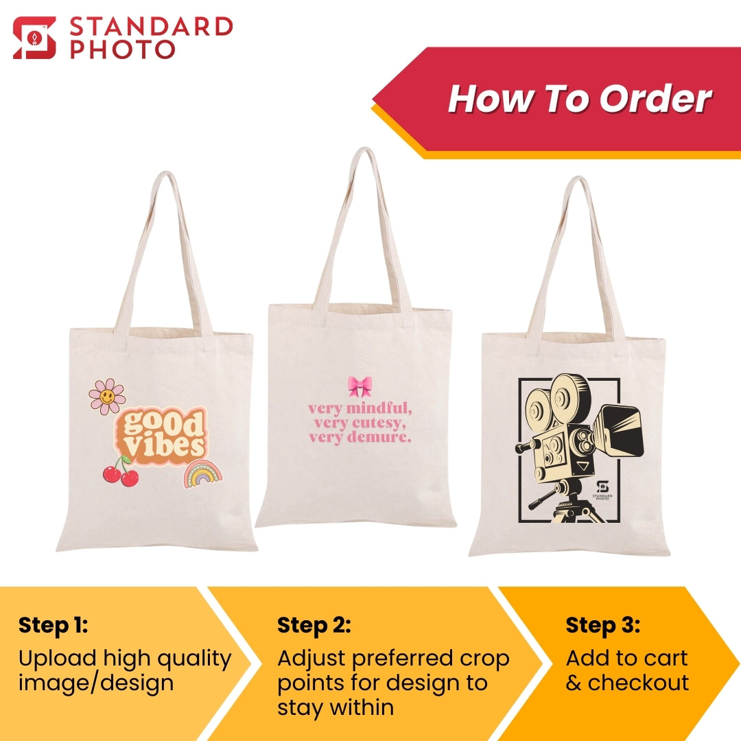 StandardPhoto Customizable Tote Bag Ordering Process How to Order Custom Customisable Personalized Personalised Upload Design Text Quotes Corporate Brand 
