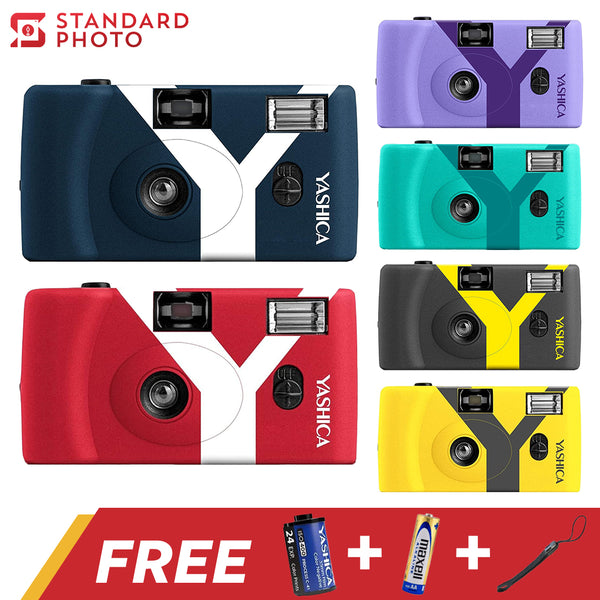 SP Yashica MF-1Y Film 35mm Reusable Camera Package Prussian Blue Red Lavender Turquoise Grey Yellow Variant Collage Color Colors Film Roll Battery Wrist Strap Free