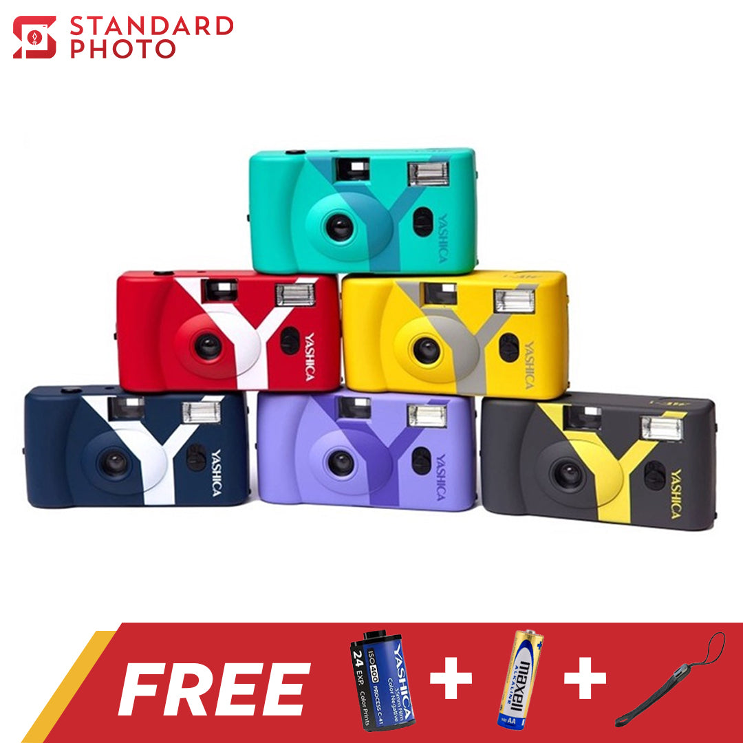 SP Yashica MF-1Y Film 35mm Reusable Camera Package Display Prussian Blue Red Lavender Turquoise Grey Yellow Variant Collage Colors Color Battery Film Roll Wrist Strap Free