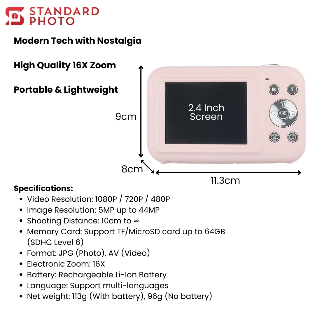StandardPhoto Yashica Hello Kitty Digital Camera DZ-100 Dimensions Specifications Measurements 2.4 inch screen high quality photos 16x zoom modern tech portable lightweight battery reusable