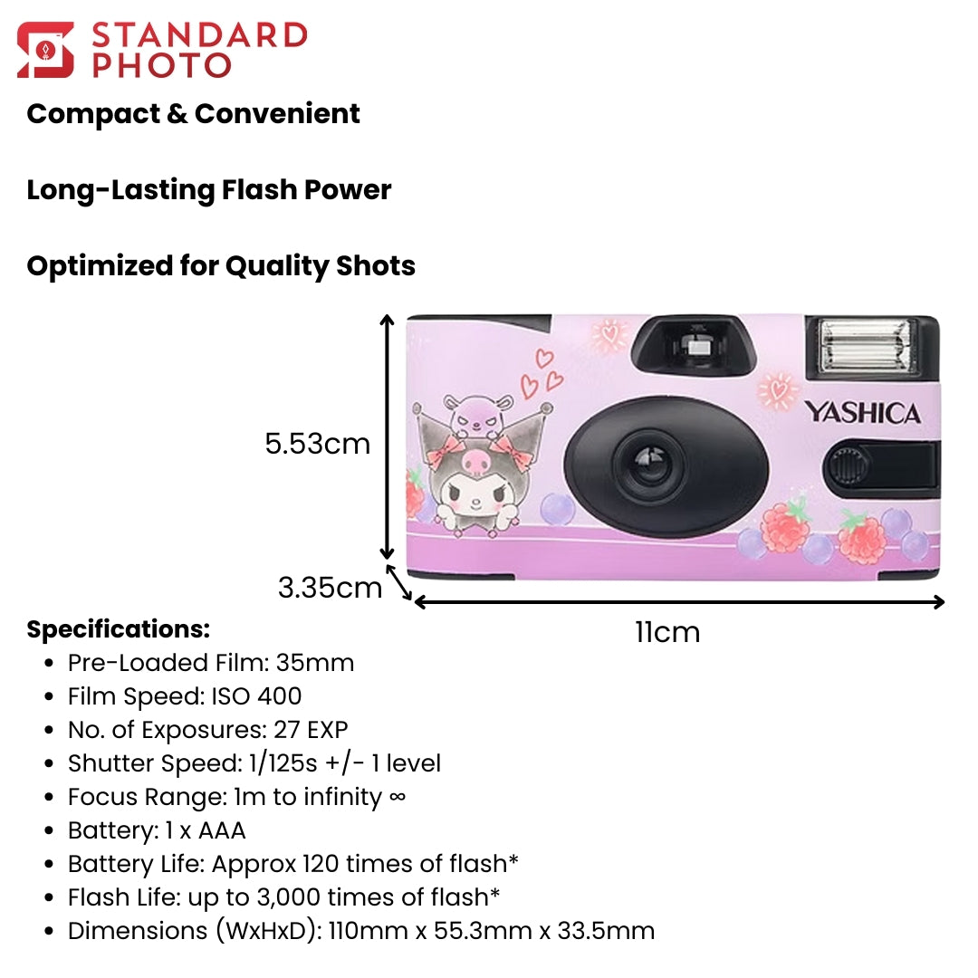 StandardPhoto Yashica Sanrio Disposable 35mm Camera Kuromi Purple Nostalgic Dimensions Specifications Measurements Pre-Loaded Film 27 EXP 120 Flashes flash Quality Shots Compact Convenient ISO 400 Single use one time 