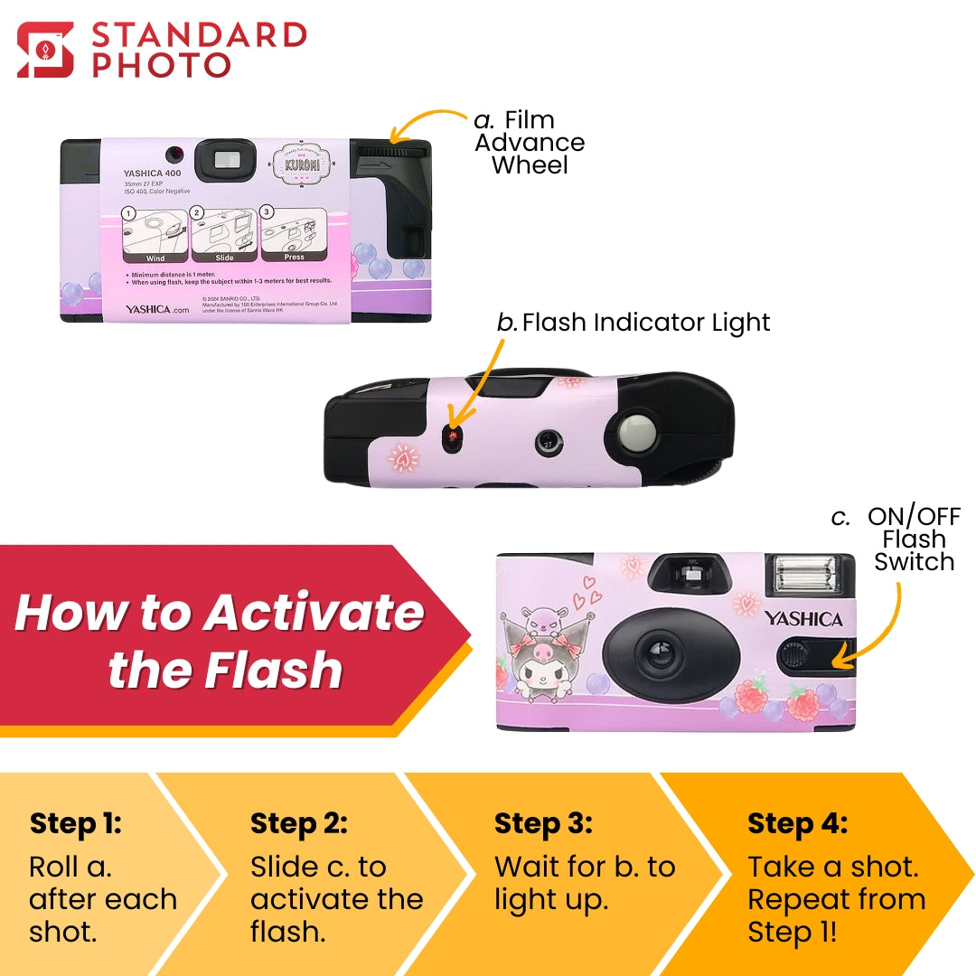 StandardPhoto Yashica Sanrio Disposable 35mm Camera Purple Kuromi Nostalgic Tutorial How to Activate the Flash Shot Film Single Use Step by step guide instructions flashes 120 exposures indicator light film advance wheel