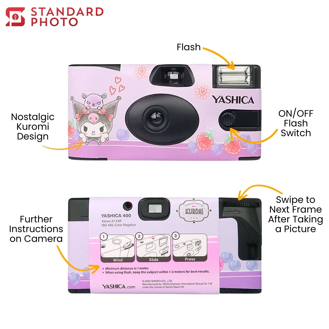 StandardPhoto Yashica Sanrio Disposable 35mm Camera Purple Kuromi Nostalgic Camera Views Instructions Flash Single use one time arrows guide tutorial