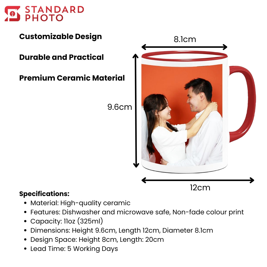 StandardPhoto Customisable Mugs Dimensions Specifications Durable Practical Premium Ceramic Material Microwave safe Non-fade Colour Print All Colours Available Blue Black White Red Pink Orange Custom Design 