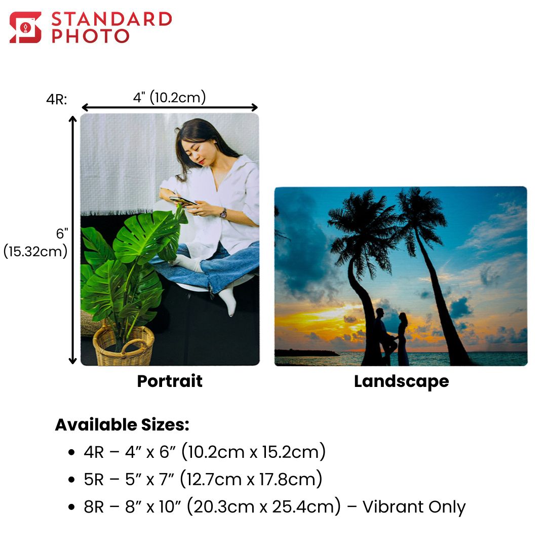 StandardPhoto Table Top Metal Prints Dimensions and Layout Available Sizes 4R 5R 8R Portrait Landscape Vibrant Metallic Variations