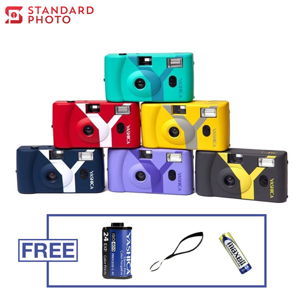 StandardPhoto Yashica MF-1Y Film 35mm Reusable Camera Red Grey Lavender Yellow Prussian Blue Turquoise Free Yashica 400 35mm film 24exp AA Battery Camera Wrist Strap