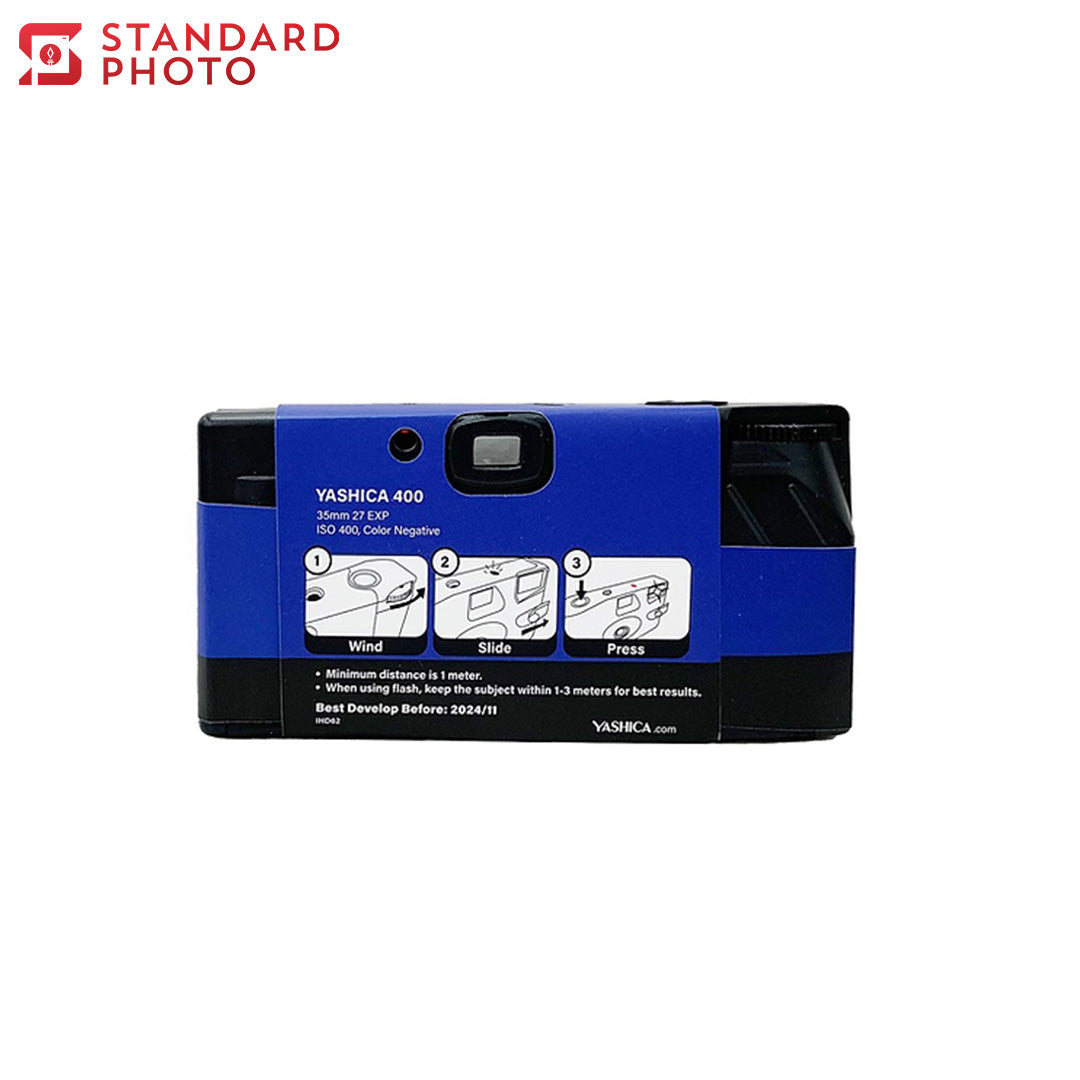 StandardPhoto Yashica Single Use Camera 35mm Film Camera ISO 400 Blue Black 27exp Negative Back View